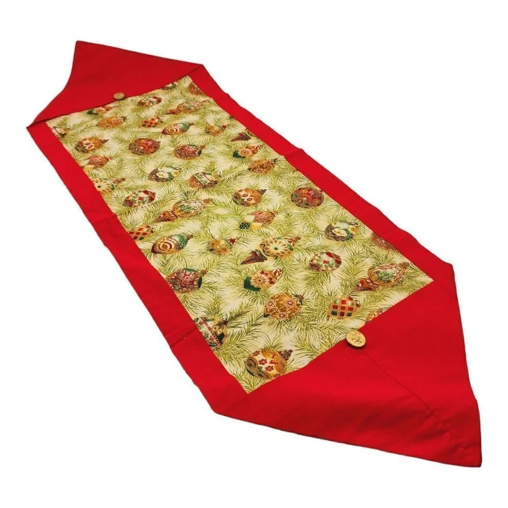 Vintage Holiday Table Runner Ornaments Pines Military Button Accent 14-1/2 x 39